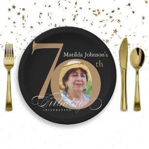 70th Birthday Elegant Black Gold Calligraphy Photo Paper Plate