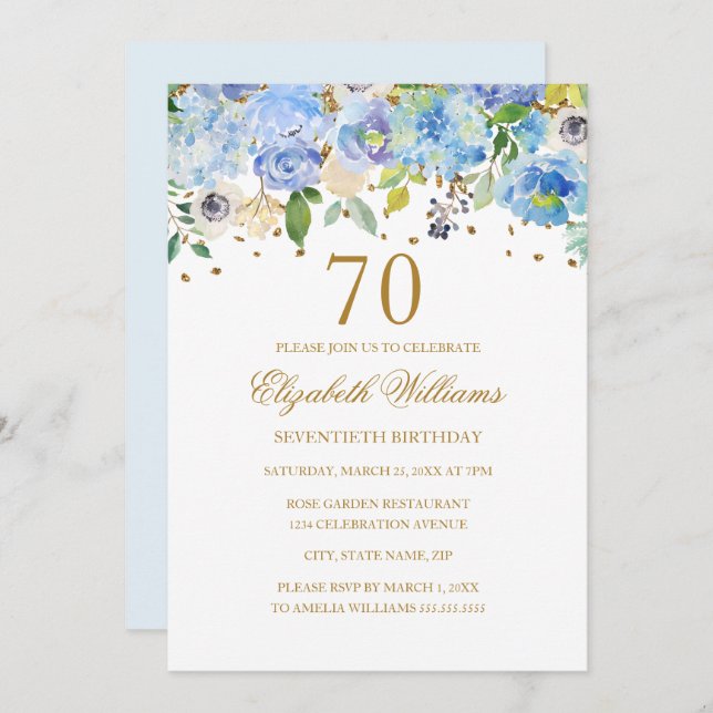 70th Birthday Elegant Blue Gold Floral Invitation (Front/Back)