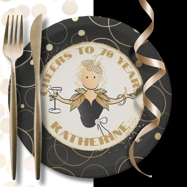 70th Birthday Elegant Bold Cheers to 70 Gold Black Paper Plate (Creator Uploaded)
