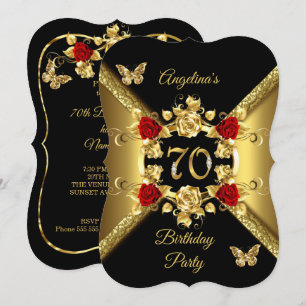 70th Birthday Elegant Gold Red Roses Black Invitation
