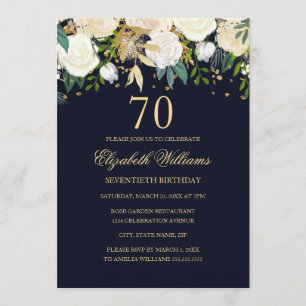 70th Birthday Elegant Navy Gold Floral Invitation