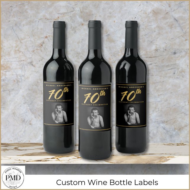 70th Birthday Elegant Photo Black Gold Wine Label (70th Birthday Elegant Photo Black and Gold Wine Label with Faux Gold Leaf, Name.)