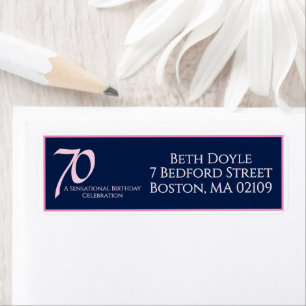 70th Birthday Elegant Pink Navy Modern Script Return Address Label