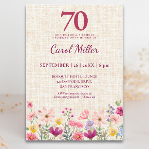 70th Birthday Elegant Pink Wildflower Linen Party Invitation