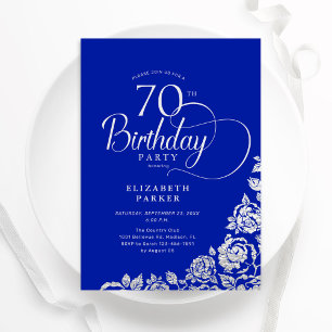 70th Birthday Elegant Royal Blue Silver Roses Invitation