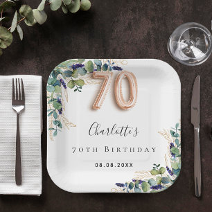 70th Birthday eucalyptus greenery name Paper Plate