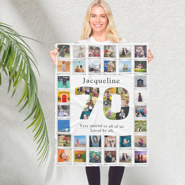 70th Birthday Family Photo Template Fleece Blanket (Personalized 70th birthday white fleece blanket with family photo collage template.)
