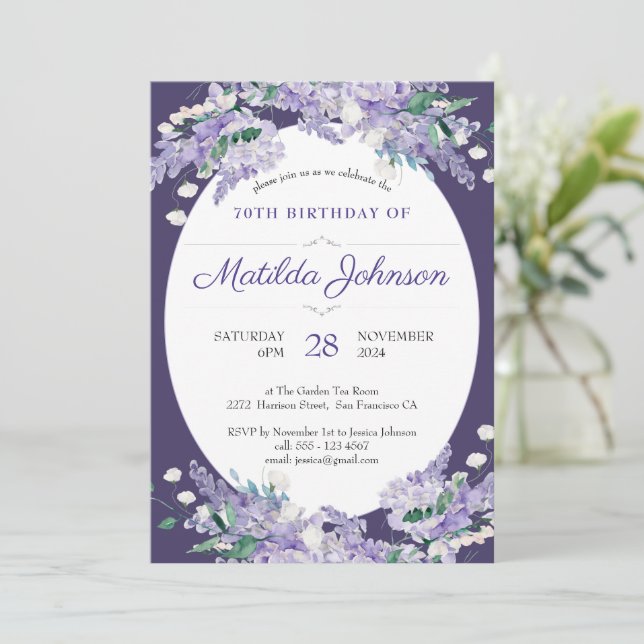 70th Birthday Floral Dark Purple Wisteria Elegant Invitation (Standing Front)
