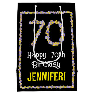 70th Birthday: Floral Flowers Number, Custom Name Medium Gift Bag