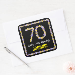 70th Birthday: Floral Flowers Number, Custom Name Square Sticker