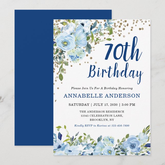 70th Birthday Floral Navy Blue Gold Glitter Dots Invitation (Front/Back)