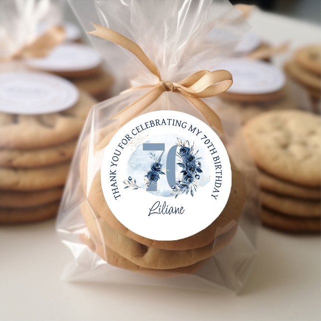 70th Birthday Floral Number Coastal Blue Thank You Classic Round Sticker (70th Birthday stickers with blue floral design)