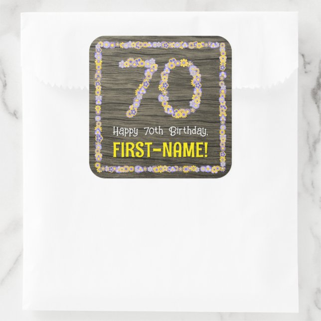 70th Birthday: Floral Number, Faux Wood Look, Name Square Sticker (Bag)
