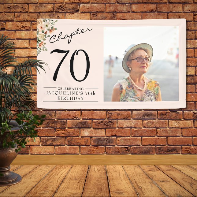 70th Birthday Floral Pink Photo Banner (Floral 70th birthday banner. Personalized with your favorite photo and custom text.)