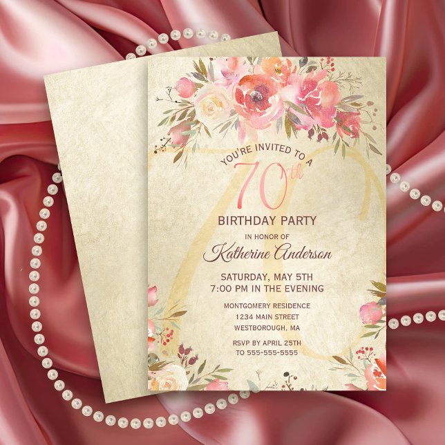 70th Birthday Floral Pink Roses Gold Shimmer Party Invitation (Chic Pink Rose Floral Gold Shimmer 70th Birthday Party Invitation)