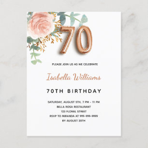 70th birthday floral rose gold eucalyptus greenery invitation postcard