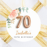 70th birthday floral rose gold eucalyptus monogram classic round sticker<br><div class="desc">For an elegant and feminine 70th birthday party. A chic white background. Decorated with a rose gold and blush pink watercolored rose flower, floral, green eucalyptus leaves, sprigs, greenery and faux gold sprigs. Personalise and a name. Black and golden letters. The name is written with a modern hand lettered style...</div>