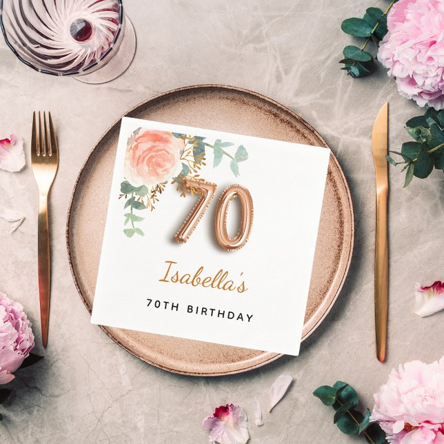 70th birthday floral rose gold eucalyptus monogram napkin (Creator Uploaded)