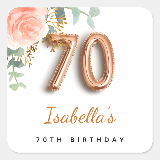 70th birthday floral rose gold eucalyptus monogram square sticker (Front)