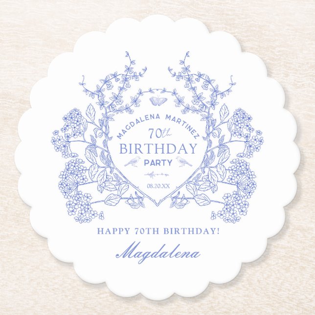 70th Birthday French Blue Floral Crest Custom Paper Coaster (Front)
