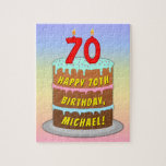 70th Birthday: Fun Cake and Candles   Custom Name Jigsaw Puzzle<br><div class="desc">This cheerful and fun birthday jigsaw puzzle design features a cartoon-style depiction of a three-tier birthday cake having number-shaped candles on top showing the age “70“, along with the message “HAPPY 70TH BIRTHDAY, ”, and an editable recipient name. The background has a multicolored pastel rainbow spectrum inspired gradient pattern. A...</div>