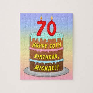 70th Birthday: Fun Cake and Candles + Custom Name Jigsaw Puzzle
