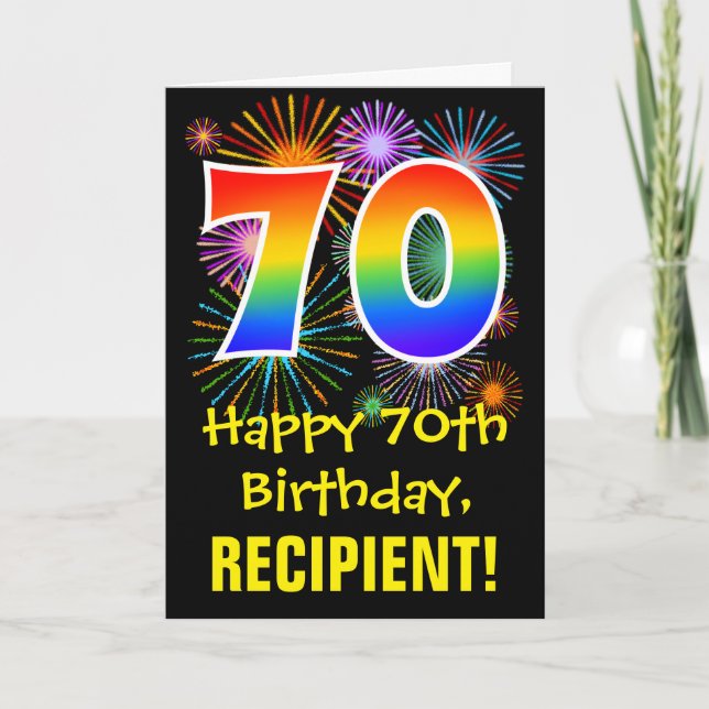70th Birthday: Fun Fireworks Pattern + Rainbow 70 Card (Front)