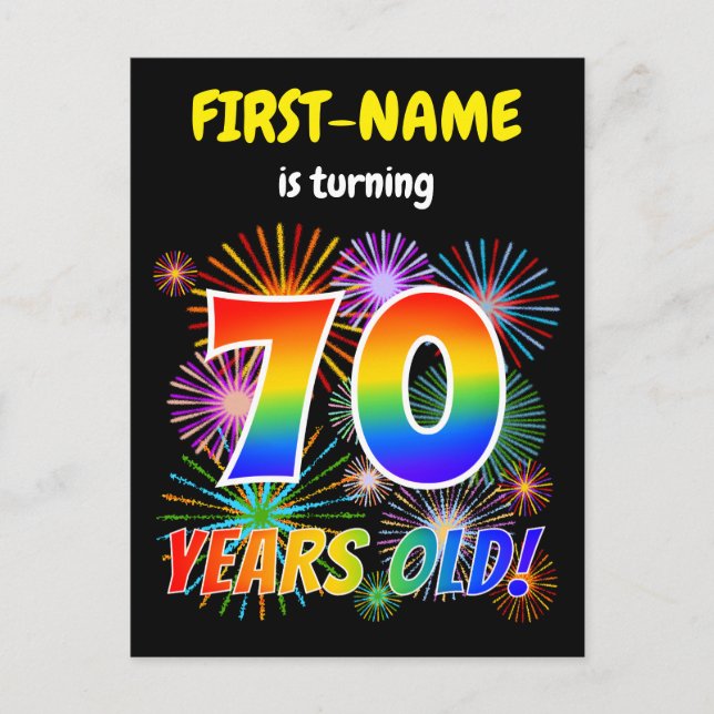 70th Birthday - Fun Fireworks, Rainbow Look "70" Postcard (Front)