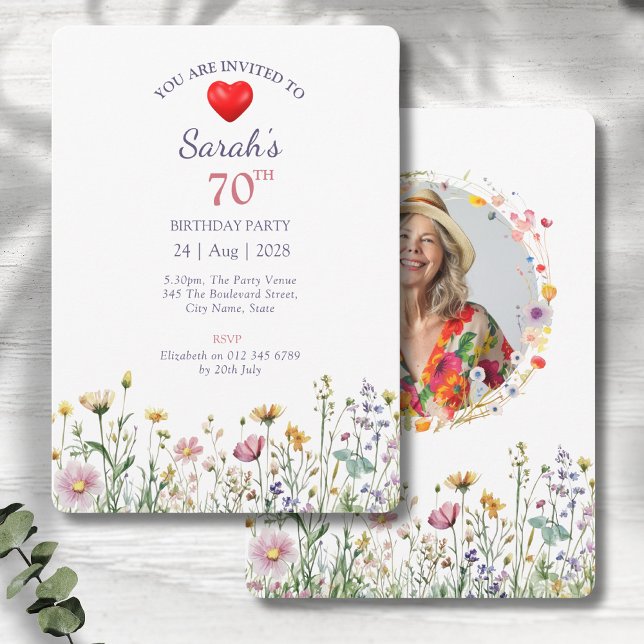  70th Birthday Garden Floral Wild Meadow Photo Invitation (70th birthday party invitations with a wild garden meadow floral design on a grey wood background)