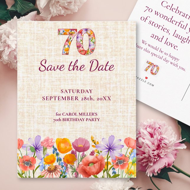 70th Birthday Garden party - Floral Save the Date Announcement Postcard (Creator Uploaded)