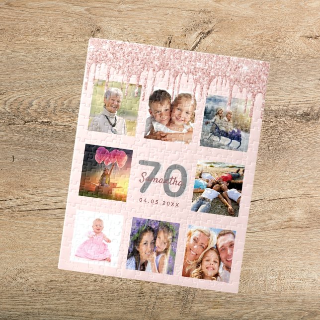 70th birthday glitter drips photo rose gold pink jigsaw puzzle (Creator Uploaded)
