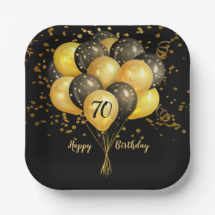 70th Birthday Gold And Black Balloons Glitter Nap Paper Plate