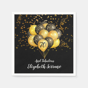 70th Birthday Gold And Black Balloons Glitter  Napkin