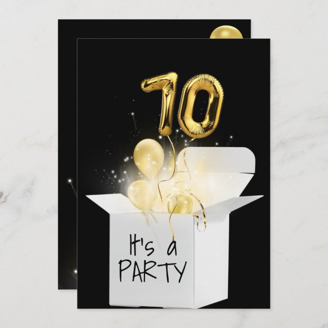 70th Birthday Gold Balloons In White Box Invitation (Front/Back)