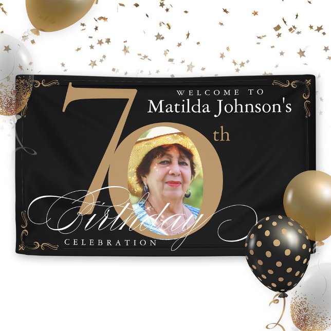 70th Birthday Gold Black Calligraphy Custom Photo Banner (70th Birthday Gold Black Calligraphy Custom Photo Banner)