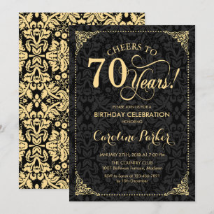 70th Birthday - Gold Black Damask Invitation