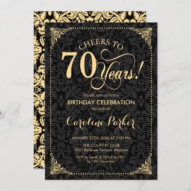 70th Birthday - Gold Black Damask Invitation (Front/Back)
