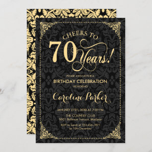 70th Birthday - Gold Black Damask Invitation