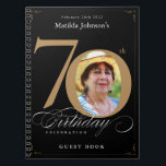 70th Birthday Gold Black Elegant Script Guestbook Notebook<br><div class="desc">70th Birthday Gold Black Elegant Script Guestbook notebook. And elegantly designed special birthday celebration, featuring a custom photo of birthday person and script calligraphy with vintage flourish elements. Add photo inserts to this binder to make it a wonderful album to store all your photos and memories of the celebration! Need...</div>