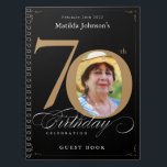 70th Birthday Gold Black Elegant Script Guestbook Notebook<br><div class="desc">70th Birthday Gold Black Elegant Script Guestbook notebook. And elegantly designed special birthday celebration, featuring a custom photo of birthday person and script calligraphy with vintage flourish elements. Add photo inserts to this binder to make it a wonderful album to store all your photos and memories of the celebration! Need...</div>