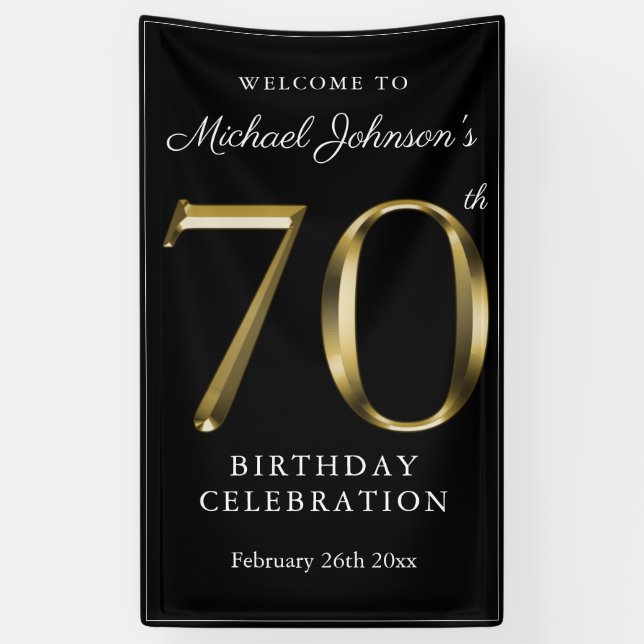 70th Birthday Gold & Black Elegant Welcome Party  Banner (Vertical)