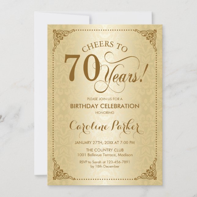 70th Birthday - Gold Damask Invitation (Front)