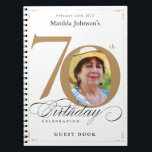 70th Birthday Gold Elegant Script White Guestbook Notebook<br><div class="desc">70th Birthday Gold Elegant Script White Guestbook notebook. And elegantly designed special birthday celebration, featuring a custom photo of birthday person and script calligraphy with vintage flourish elements. Add photo inserts to this binder to make it a wonderful album to store all your photos and memories of the celebration! Need...</div>