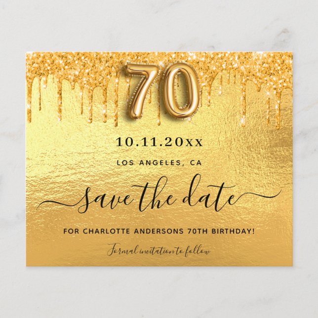 70th birthday gold glitter budget save the date flyer (Front)