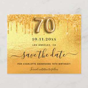 70th birthday gold glitter budget save the date flyer