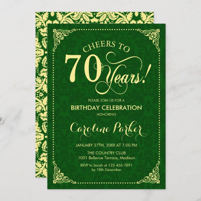 70th Birthday - Gold Green Damask Invitation (Front/Back)