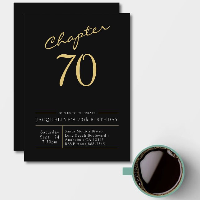 70th Birthday Gold Modern Script Black Invitation (Chapter 70th. 70th Birthday black and gold birthday invitation with name and age.)