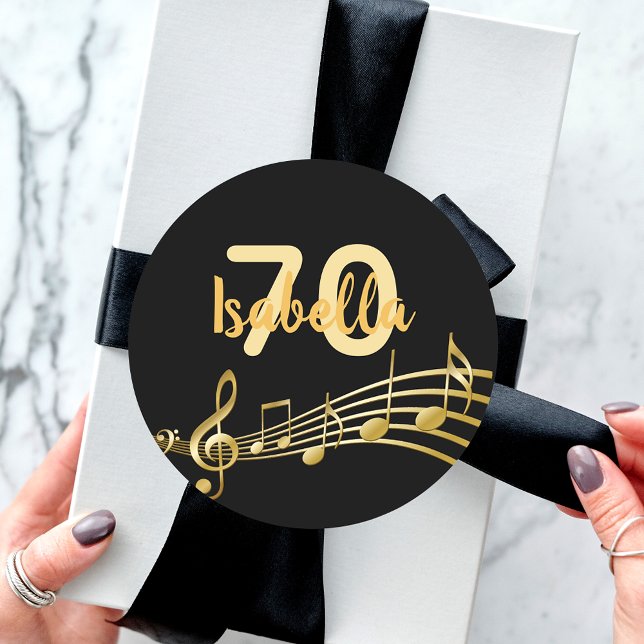 70th birthday gold music notes on elegant black classic round sticker (Creator Uploaded)