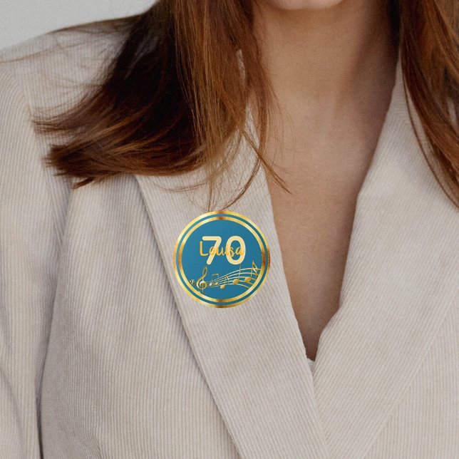 70th birthday gold music notes on teal blue green 6 cm round badge (Creator Uploaded)
