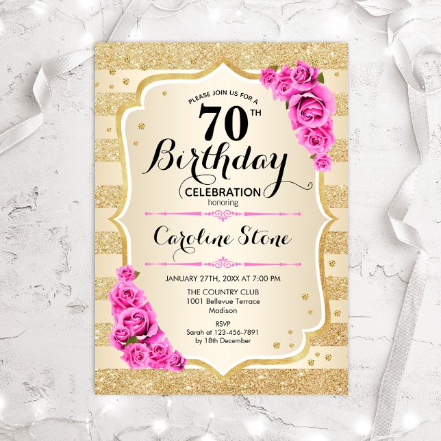 70th Birthday - Gold Stripes Pink Roses Invitation (Creator Uploaded)